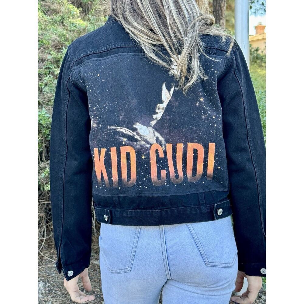 KID CUDI Upcycled Retro Vintage Hip Hop Rap Patched Black Denim Jacket Size M